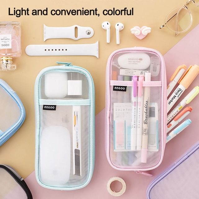 Portable Transparent Mesh Pen Bag Pencil Case Two Layer Foldable Stand  Fabric Phone Holder Storage Pouch School Office Supply - AliExpress